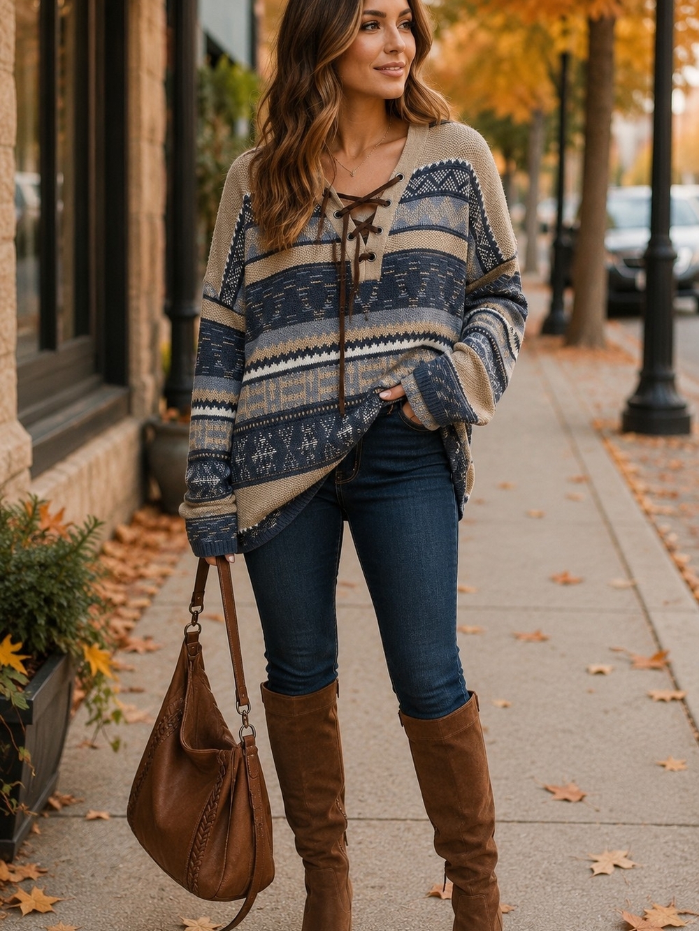 Chaps Navy and Beige Lace-Up V-Neck Sweater